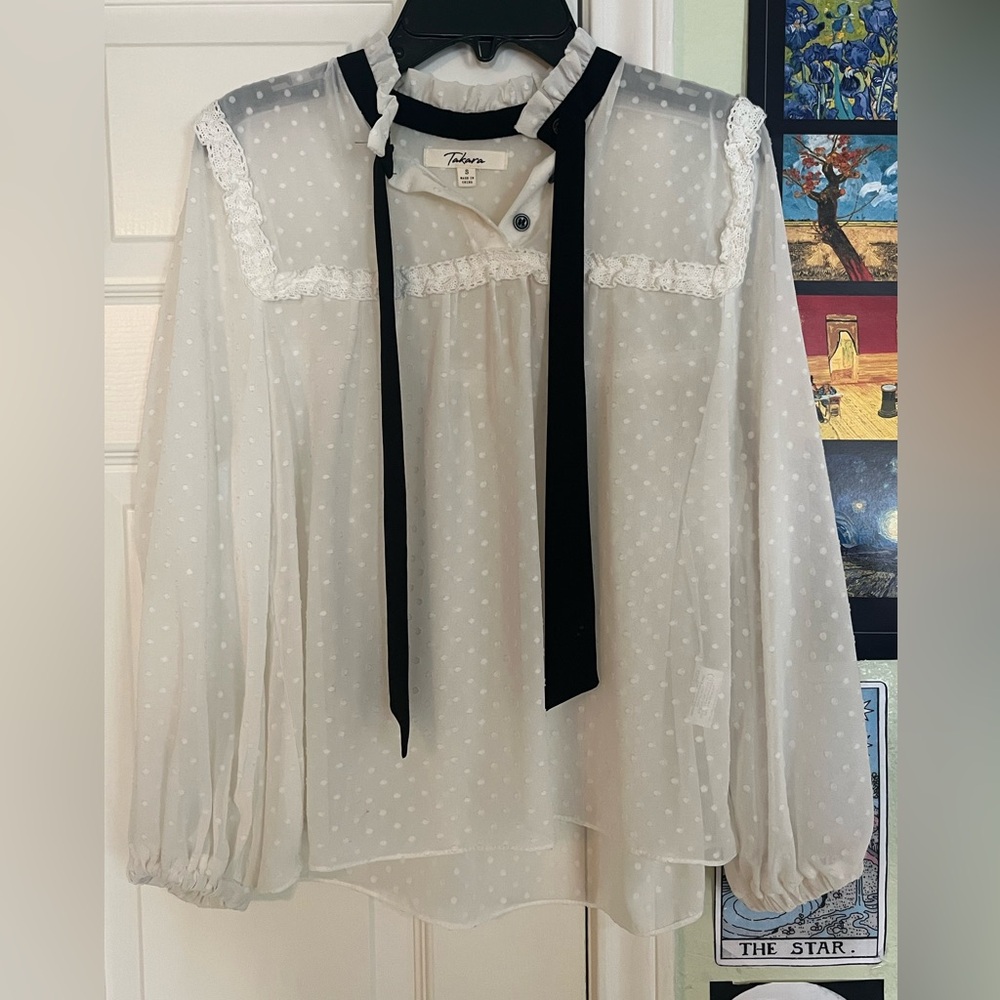 Sheer white collared shirt with ribbon